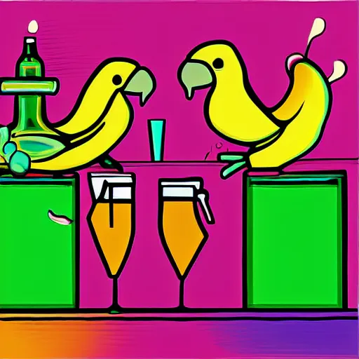 Image similar to Colorful illustration of Two humanoid parrot bartender behind bar. One of them is pouring a beer. Digital art