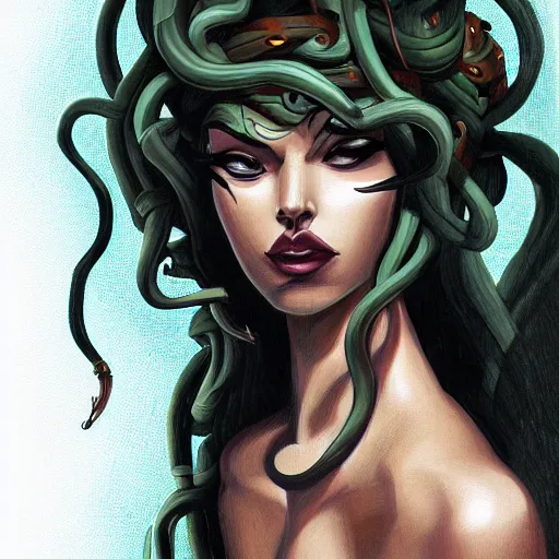 Image similar to medusa painting, comic style, seductive, dynamic lighting, artstation, detailed, blurred background