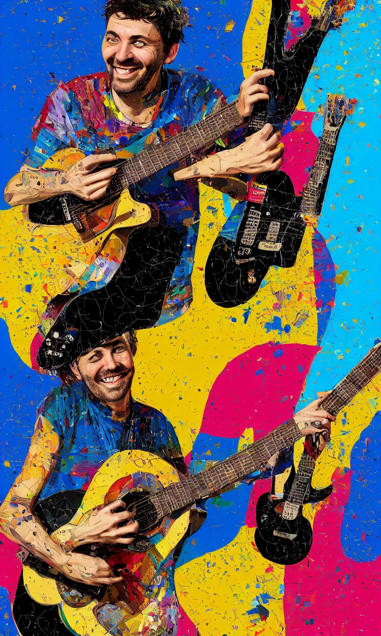 Image similar to random smiling funny guy with guitar, pop art, aesthetic art, 8 k, asymmetrical, high details, digital painting, concept art, smooth, beautiful, full body perfect, sharp focus, illustration, intricate, art by arstation and mimmo rotella, pixels art by paul robertson