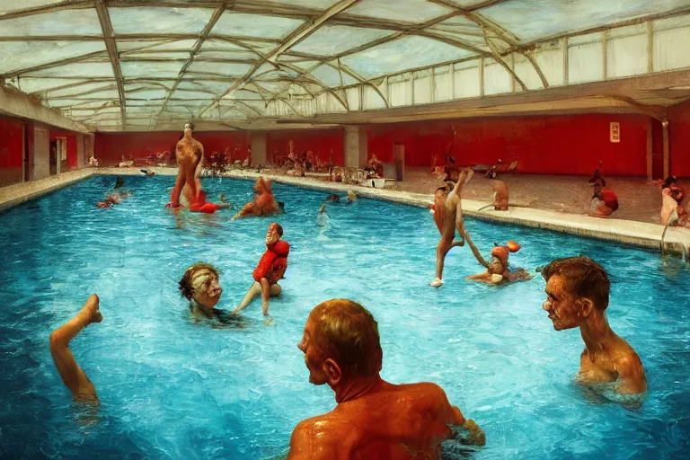 Prompt: Red People at a swimming pool in the style of Francis Bacon and Norman Rockwell and Frank Lloyd Wright , by Bastien Lecouffe-Deharme, dark atmopshere, James Jean, Edward Hopper, trending on artstation, Peter Doig masterpiece, 4k, HD