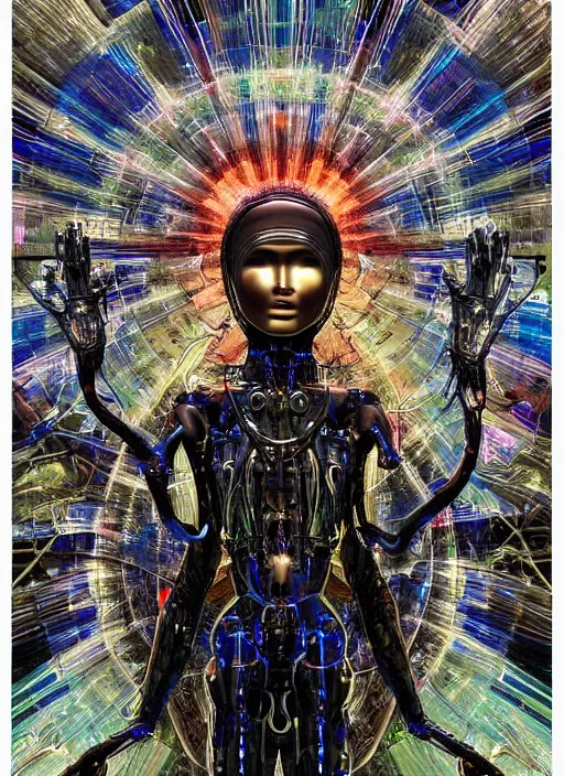 Image similar to a spiritually awakened humanoid cyborg wants to help humans free themselves from the chains of mental slavery and authoritarian politicians, surreal technological conceptual art magical cybernetic realism horror visions distopic and utopic art and the same time