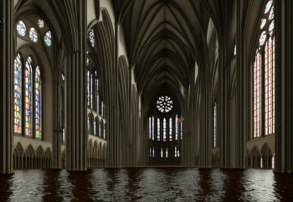 Image similar to kodak portra 4 0 0 photographic and realistic, interior of a gothic cathedral, detailed, octane render, unreal engine 5, 8 k, artstation, hyper realistic, wide angle, floor flooded how a lake, hole objects that float, 3 5 mm, sharp focus, soft light, epic volumetric light fog, in the style of gregory crewdson