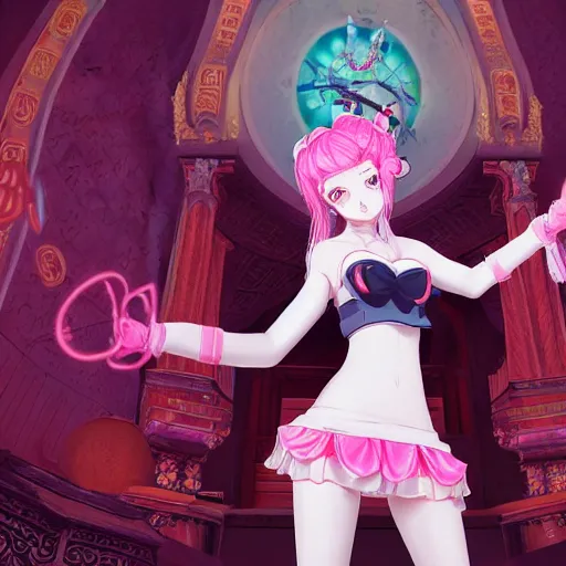 Prompt: trapped by stunningly beautilful omnipotent megalomaniacal anime asi goddess who looks like junko enoshima with symmetrical perfect face and porcelain skin, pink twintail hair and cyan eyes, taking control while smiling inside her surreal vr castle, hyperdetailed, digital art from danganronpa, unreal engine 5, 2 d anime style, 8 k