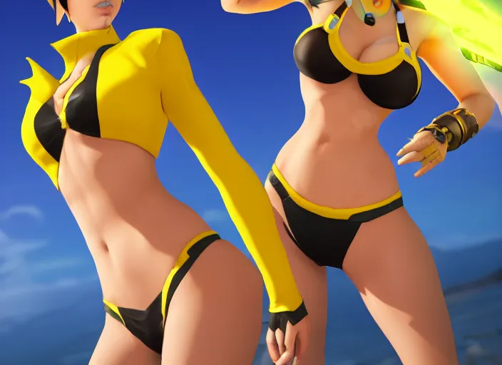 prompthunt: tracer game character, in yellow bikini thong yellow