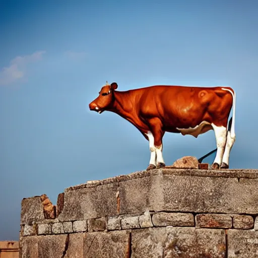 Image similar to a cow standing on top of ancient ruins