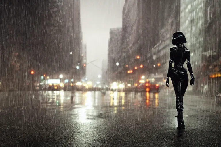 Image similar to vfx marvel sci-fi woman black super hero robot photo real, city street cinematic lighting, rain and fog by Emmanuel Lubezki