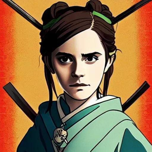 Image similar to emma watson, epic, samurai, in the style of Studio Ghibli, Hayao Miyazak