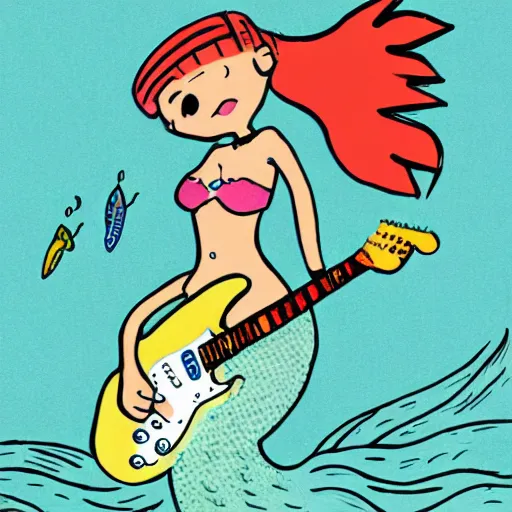 Image similar to illustration of a mermaid playing an stratocaster electric guitar, by Bill Watterson