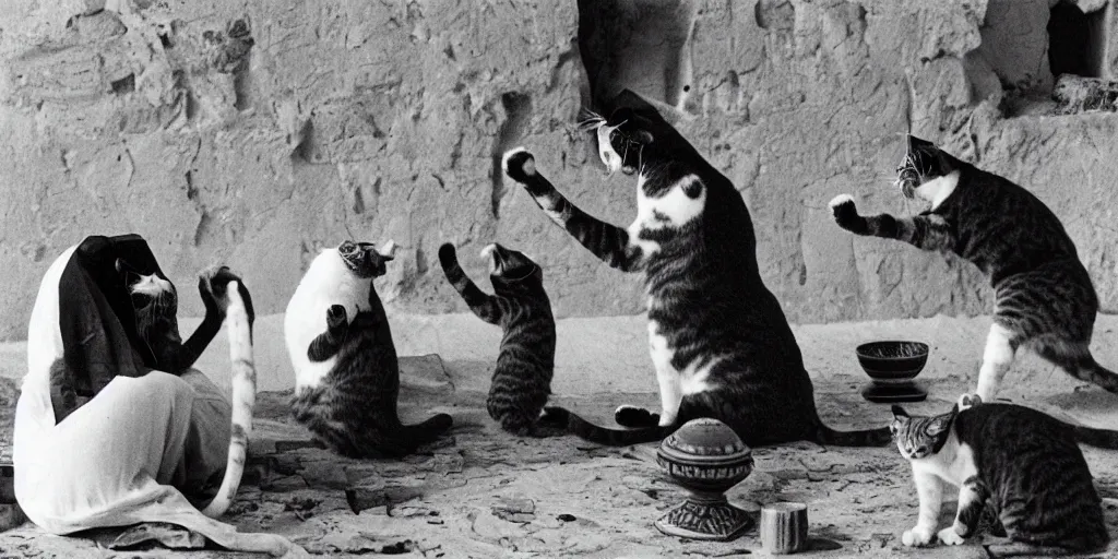 Prompt: a great old black and white photo from ancientt egypt, mischivious cats knock things off the table and annoy the pharoah who is sulking with head in hands, other cats knock vases over, funny and silly, weird and odd, historic look, film grain