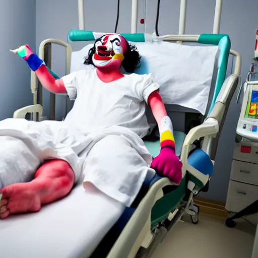 Image similar to confused laughing clown lying in hospital bed with wrist restraints on, restraints have fabric straps attached to hospital bed, photograph, 8 k