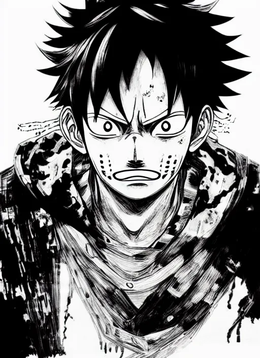 Image similar to portrait of luffy, sumi - e style, masterful, intense, ultrafine hyperdetailed illustration, concept art, detailed, intricate linework, art by yoji shinkawa