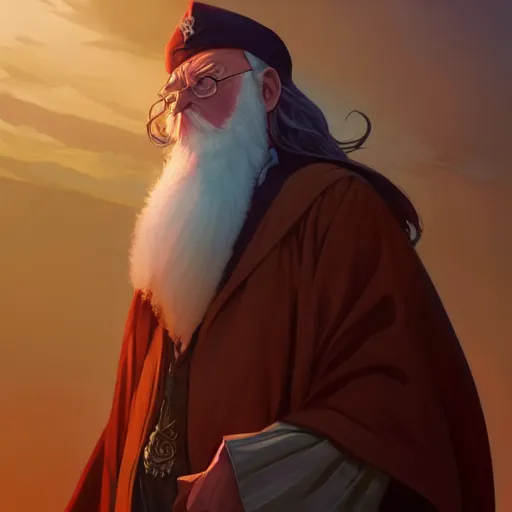 Image similar to dumbledore, sunset, behance hd by jesper ejsing, by rhads, makoto shinkai and lois van baarle, ilya kuvshinov, rossdraws radiating a glowing aura global illumination ray tracing hdr