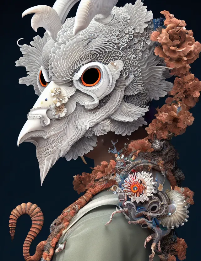 Image similar to 3 d goddess close - up profile solarpunk portrait ram skull. beautiful intricately detailed japanese crow kitsune mask and clasical japanese kimono. betta fish, jellyfish phoenix, bio luminescent, plasma, ice, water, wind, creature, artwork by tooth wu and wlop and beeple and greg rutkowski