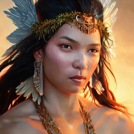 Image similar to Portrait of a Pacific Islander goddess with angel wings, and a glowing halo, white lighting, digital art by Ruan Jia and Mandy Jurgens and Artgerm, highly detailed, trending on artstation, award winning,