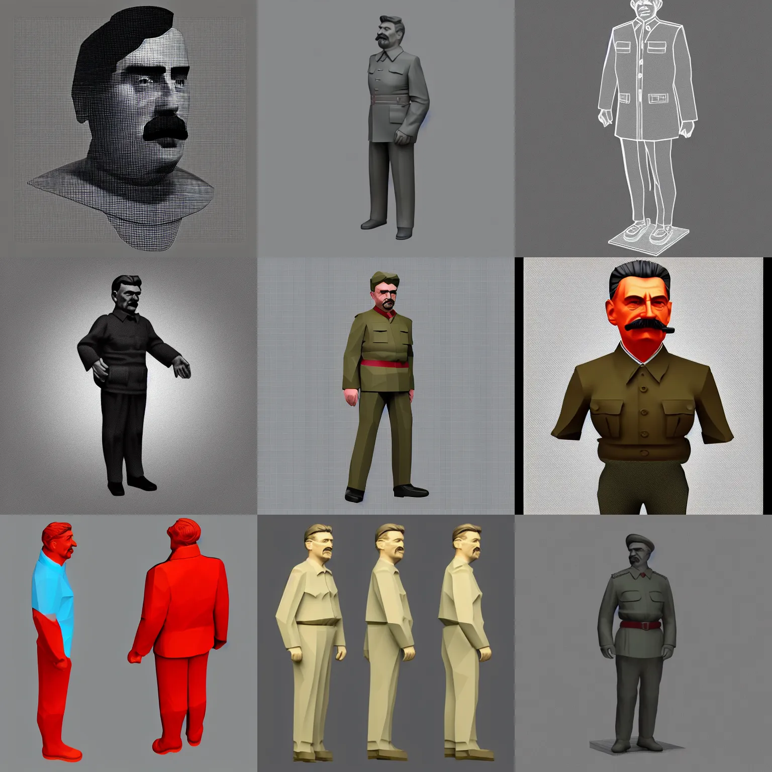 Prompt: isometrical view of low polygon figurne of joseph stalin. full body portrait. white background. 3 d render