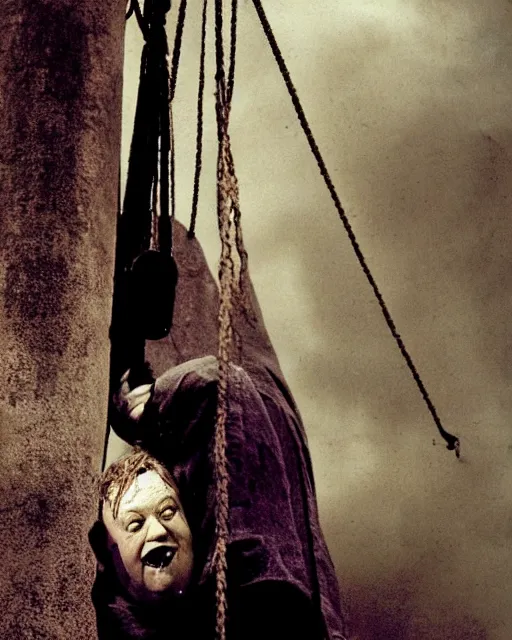 Prompt: color Photograph of Charles Laughton dressed as Quasimodo swinging from a Bell Tower, atmospheric, cinematic