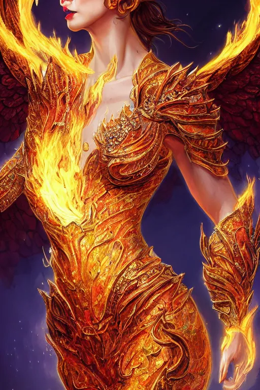 Image similar to torso closeup model wearing exploding fire dress, sorcerer, diamonds, angel, fantasy, dramatic lighting, d & d, deep focus, d & d, fantasy, intricate, elegant, highly detailed, digital painting, artstation, concept art, matte, sharp focus, illustration, hearthstone, art by artgerm and greg rutkowski and alphonse mucha