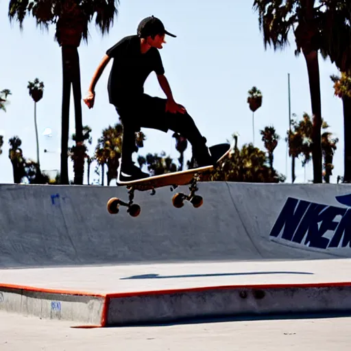 Image similar to skater wearing nike sb dunks doing a kickflip at the venice beach skatepark