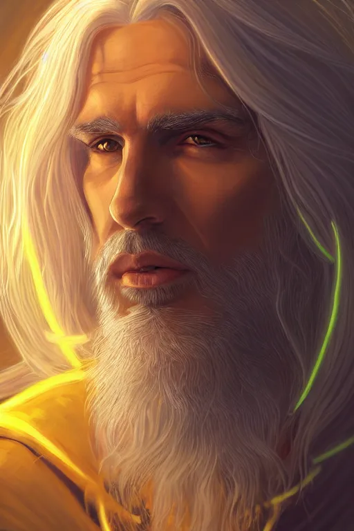 Prompt: Portrait of male mage with long white hair, yellow face, photorealistic, highly detailed, artstation, smooth, sharp focus, gold ornaments, neon lighting, sci-fi, art by Klimt