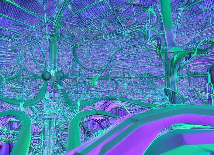 Prompt: meadows inspired by compression algorithms, alien plants, giant computer-circuitry structures sticking out, abstract, pastel tones, low-poly, ray-tracing, 4k, high-quality render, trending on artstation