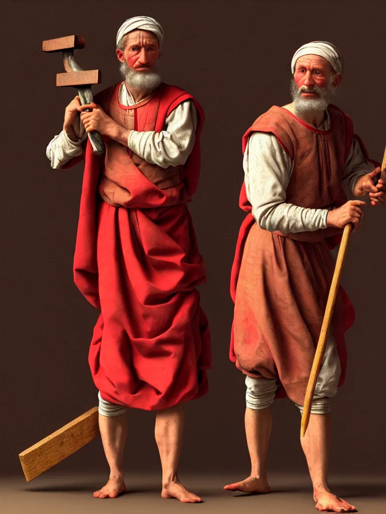 Image similar to a college aged michelangelo wearing peasant clothing of the renaissance holds a chisel in one hand and a mallet in the other, photorealistic, hyperdetailed, studio lighting, octane render, caustics