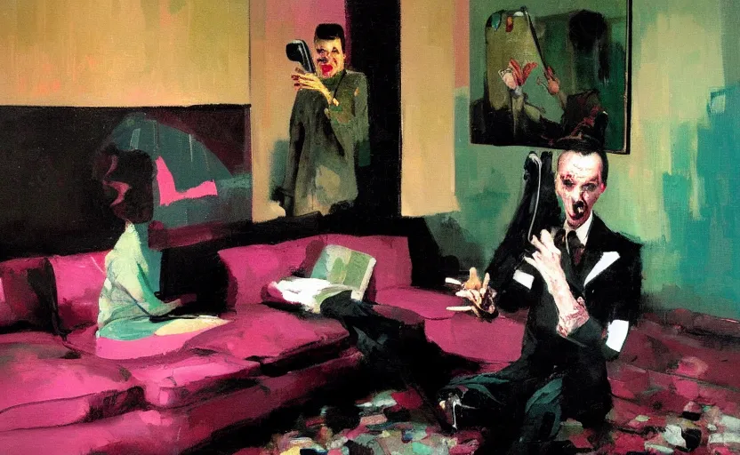 Image similar to a thin man screams at a telephone beside a sofa in a dark living room, painted by phil hale and rick berry and jeremy mann, pink and green, highly detailed