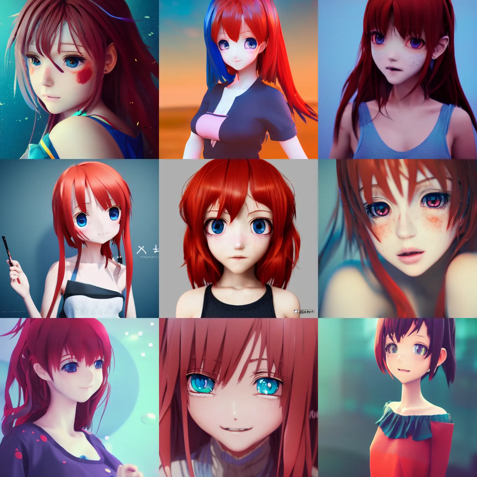 Prompt: beautiful render of a pretty 3D anime girl, messy square vibrant red hair, blue eyes, cute freckles, full round face, playful smile, sad eyebrows, cute black dress, cinematic lighting, medium shot, highly detailed, artstation, octane render, unreal engine, 4K, 8K