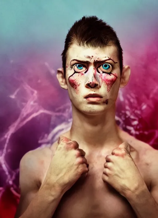 Image similar to beaten by life, a young peren, cornered like an animal, stands in with his fists waiting for a nap, with blue eyes and rage in his eyes, by vivienne westwood, by jean paul gaultier, sad motif, by david fincher, dramatic, soft colors, futuristic, 8 k