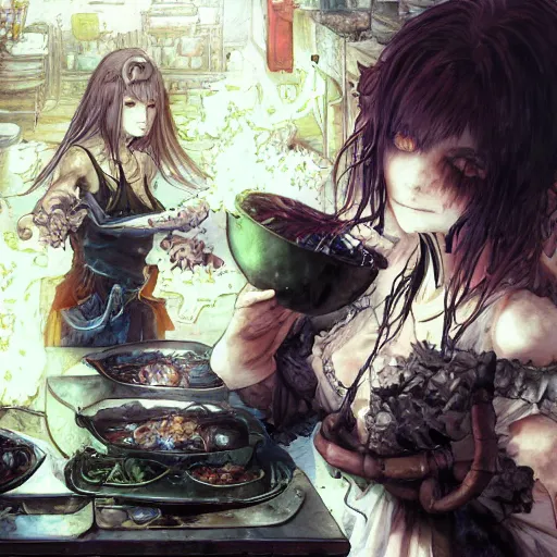 Image similar to goth woman making dinner, color page, tankoban, 4 k, tone mapping, akihiko yoshida, james jean andrei riabovitchev marc simonetti, yoshitaka amano, long hair, curly, h. hydrochaeri