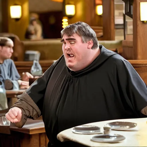 Prompt: A man who looks like Friar Tuck combined with John Candy being ignored by wait staff at Denny's, angry facial expression