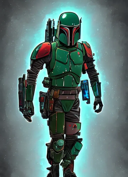 Image similar to cyberpunk x boba fett, digital art, character mashup, epic lighting, combination art