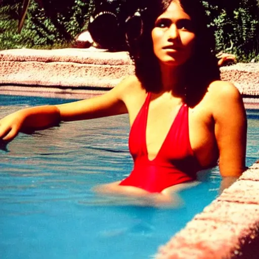 Image similar to clear photo of a beautiful and young female singer of native american descent in a pool with a red swimsuit taken in 1 9 7 6, high quality, highly detailed 7 0 s style photography, long dark hair, elegant pool, trending on pinterest, aesthetically beautiful, elegant