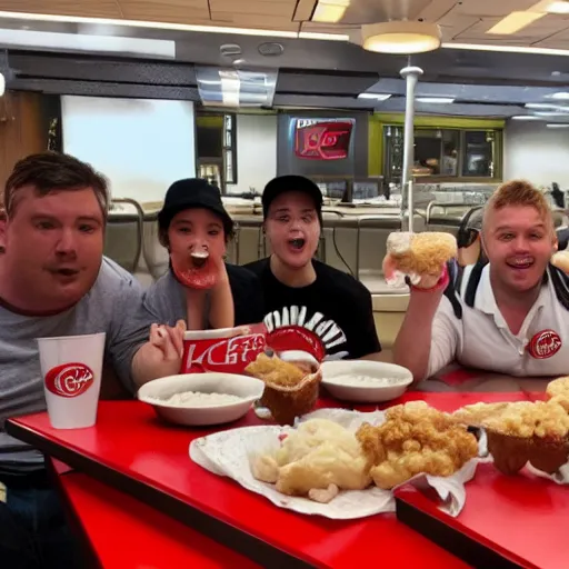 Image similar to the ghostbuster crew eating at kfc