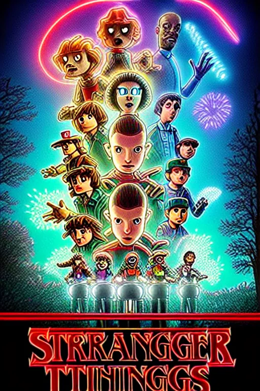 Prompt: animated version of Futurama Stranger Things poster by Matt Groening, cartoon, high resolution, hyper detailed, intricate, illustrated, dramatic lighting !n-9