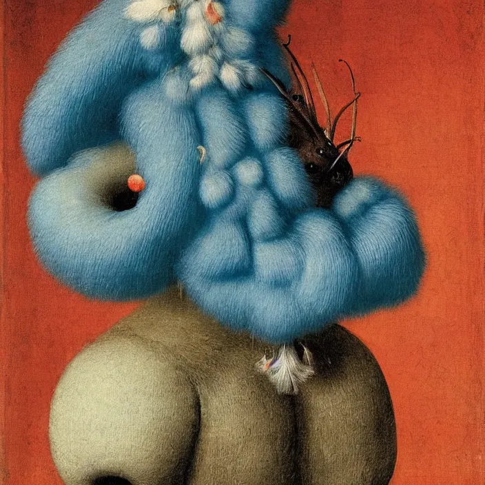 Prompt: close up portrait of a mutant monster creature with white fluffy moth pouf, exotic lily ears, delicate blue conch corns. by jan van eyck, audubon