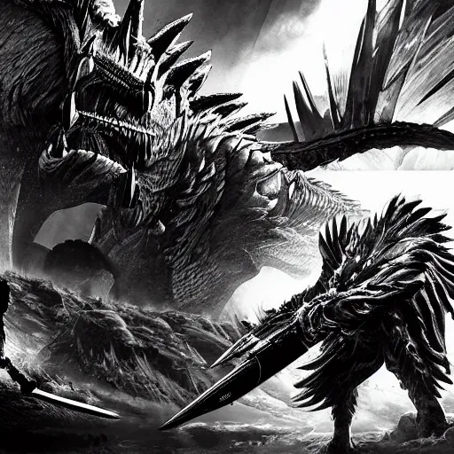 Image similar to sci - fi monster hunter, hyperdetailed, bw art by shinya tsukamoto