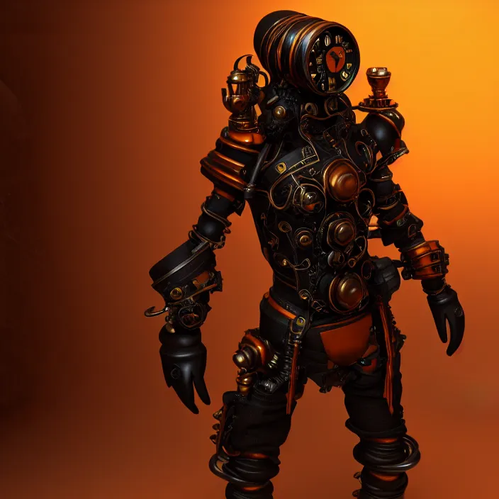 Image similar to a character in a futuristic room, black and orange steampunk armor, highly detailed, render, vray, octane, realistic lighting