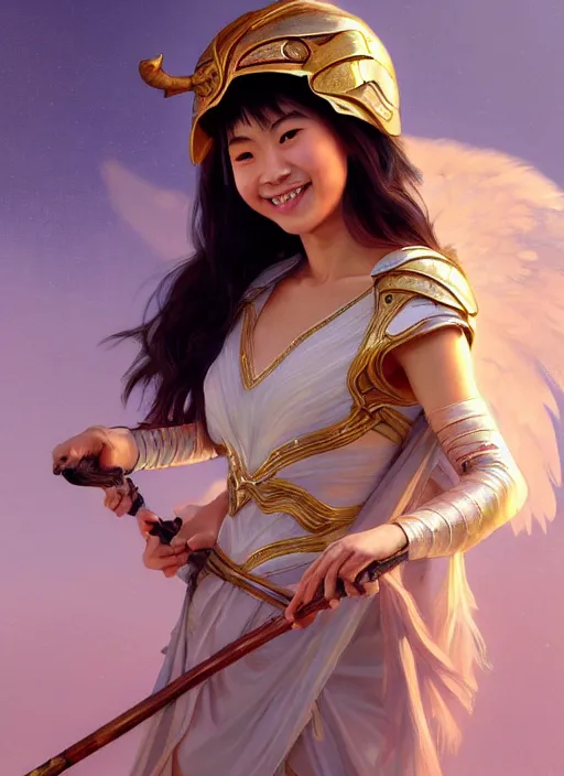 Prompt: Close-up portrait of smiling young asian woman wearing a winged helmet and bare shoulders, holding a magic staff, portrait, highly detailed, digital painting, artstation, concept art, sharp focus, illustration, art by artgerm and greg rutkowski and alphonse mucha