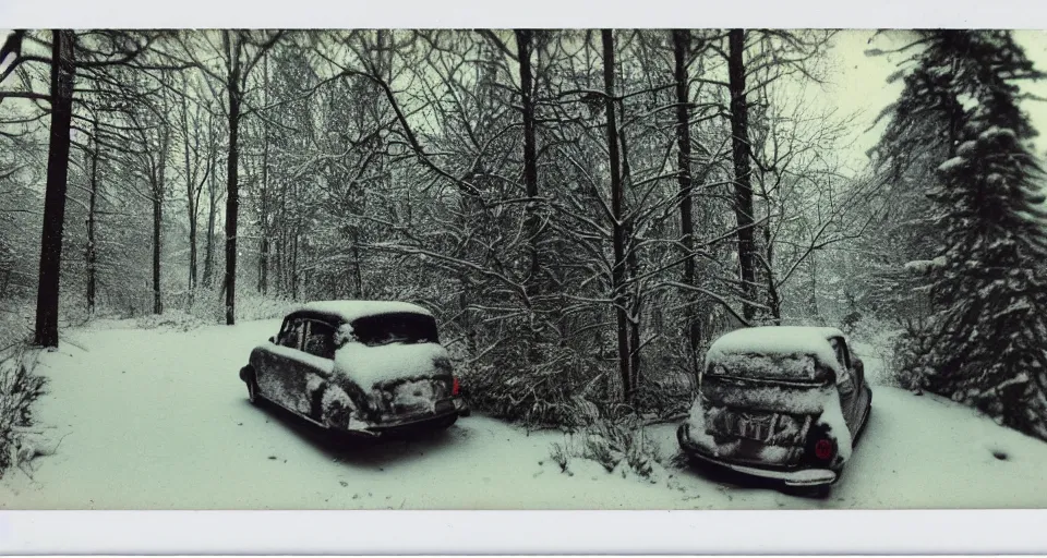 Image similar to vintage polaroid photograph of a car in a snowy forest