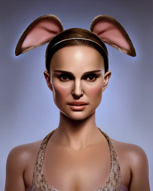 Image similar to Natalie Portman, wearing rabbit ears headband, very detailed portrait, ultrarealistic, dramatic lighting, electrical details, high details, 4k, 8k, best, accurate, trending on artstation, fur, artstation, photorealism, ultrarealistic, digital painting, style of Dali, Caravaggio, Boris Vallejo