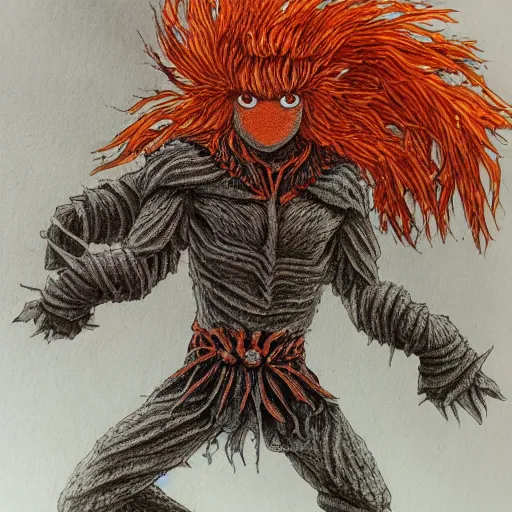 Prompt: a carrot man monster, orange eyes, 4 k, 8 k, super detailed, masterpiece, trending on art station, highly detailed, full hd, in kentaro miura art style