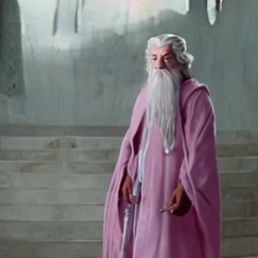 Image similar to gandalf wearing a light pink robe, wearing a large hello kitty hair clip, movie still from the lord of the rings