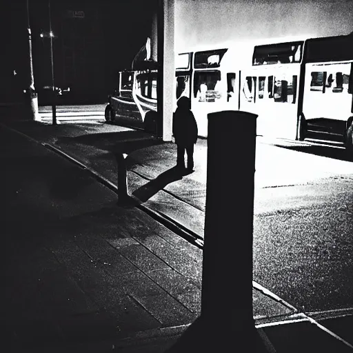 Prompt: “a ghostly figure, next to a bus station, night time”