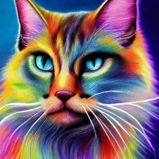 Prompt: luminescent colorful detailed airbrush painting of long haired cat