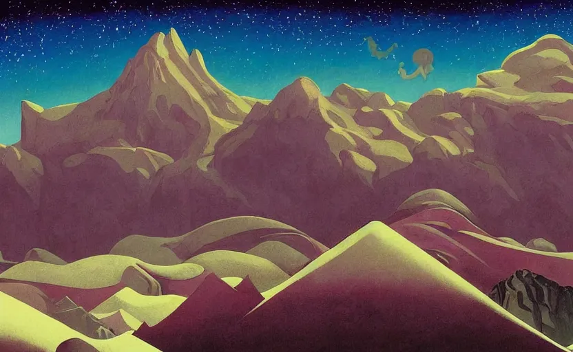 Image similar to mountains, stars and paisley filled sky, artstation, intricate, highly detailed, digital painting, concept art, sharp focus, illustration by Edward Hopper and Roger Dean and Piero della Francesca and Yves Tanguy and Michael Whelan and Jean Claude Mézières and Enki Bilal and Benjamin Lacombe and Megan Duncanson and Tom Whalen and Charles Williams