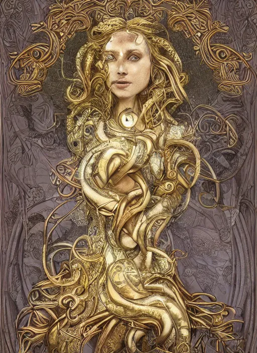 Prompt: professionally-made ultradetailed ornate award winning masterpiece RPG character portrait of beautiful symmetrical Medusa radiating glowing aura, fully clothed with an art nouveau flowery dress, digital airbrush painting, 3d rim light, hyperrealistic, artstation, cgsociety, kodakchrome, golden ratio, 1985