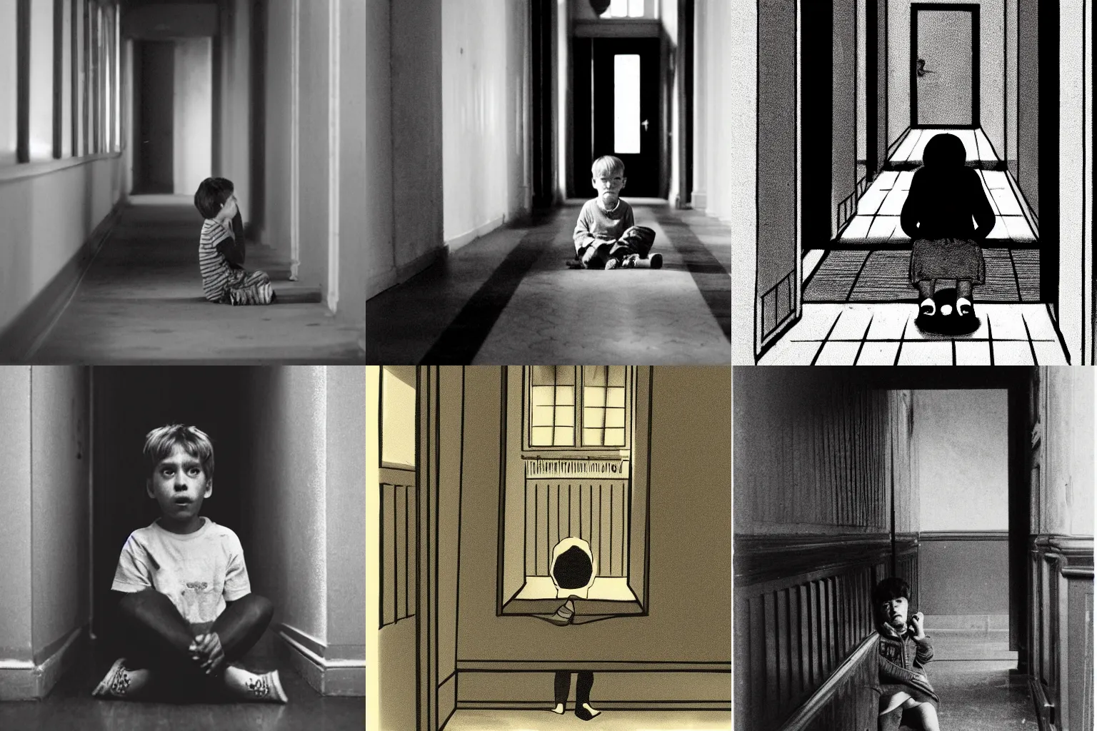 Prompt: A child sitting in a hallway alone and crying because he has been abandoned, in the style of Margaret Brundage