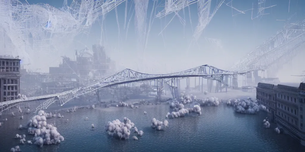 Image similar to explosions in the form of realistic white cotton plants on harbour bridge, huge white cotton everywhere on the destroyed harbour bridge, smooth, sharp focus, highly detailed, 3 d octane render, epic lighting, lots of white cotton, 8 k, by beeple