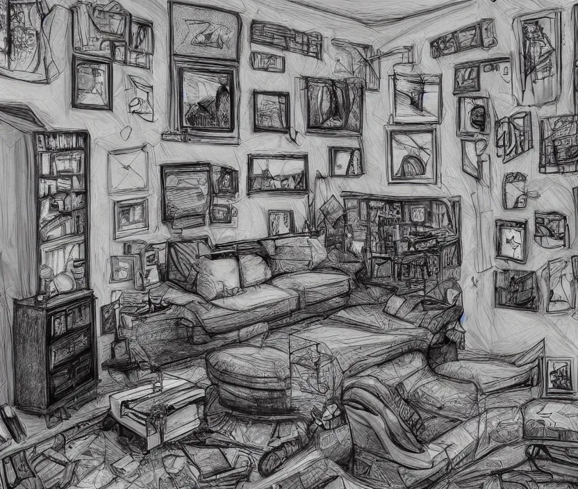 Prompt: An of interior of a living room at night, rotoscoped, rotoscope, photoshop, photomanipulation, realism, painting, illustration and sketch, weird scribbles, hybrid styles, hybrid art styles, mismatched, trending on artstation, trending on deviantart, weird, quirky, interesting, very detailed, highly detailed, HD Quality, 4k resolution, 8k resolution, in the style of David Firth, in the style of James Lee, in the style of Drue Langlois,