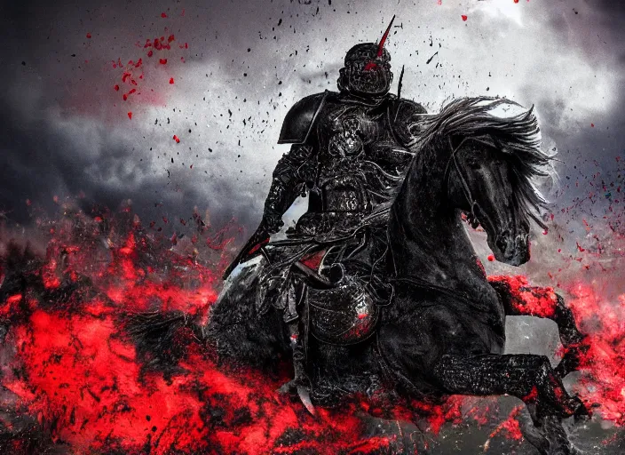 Image similar to a large man in full plate black armor splattered in blood while steaming rising from body, riding a large black horse with red glowing eyes, red shadowy wisps emanating from hair and eyes, blackened clouds cover sky crackling with lightning, rain in the distance, castle in flames and ruins, the ground is dark and cracked,